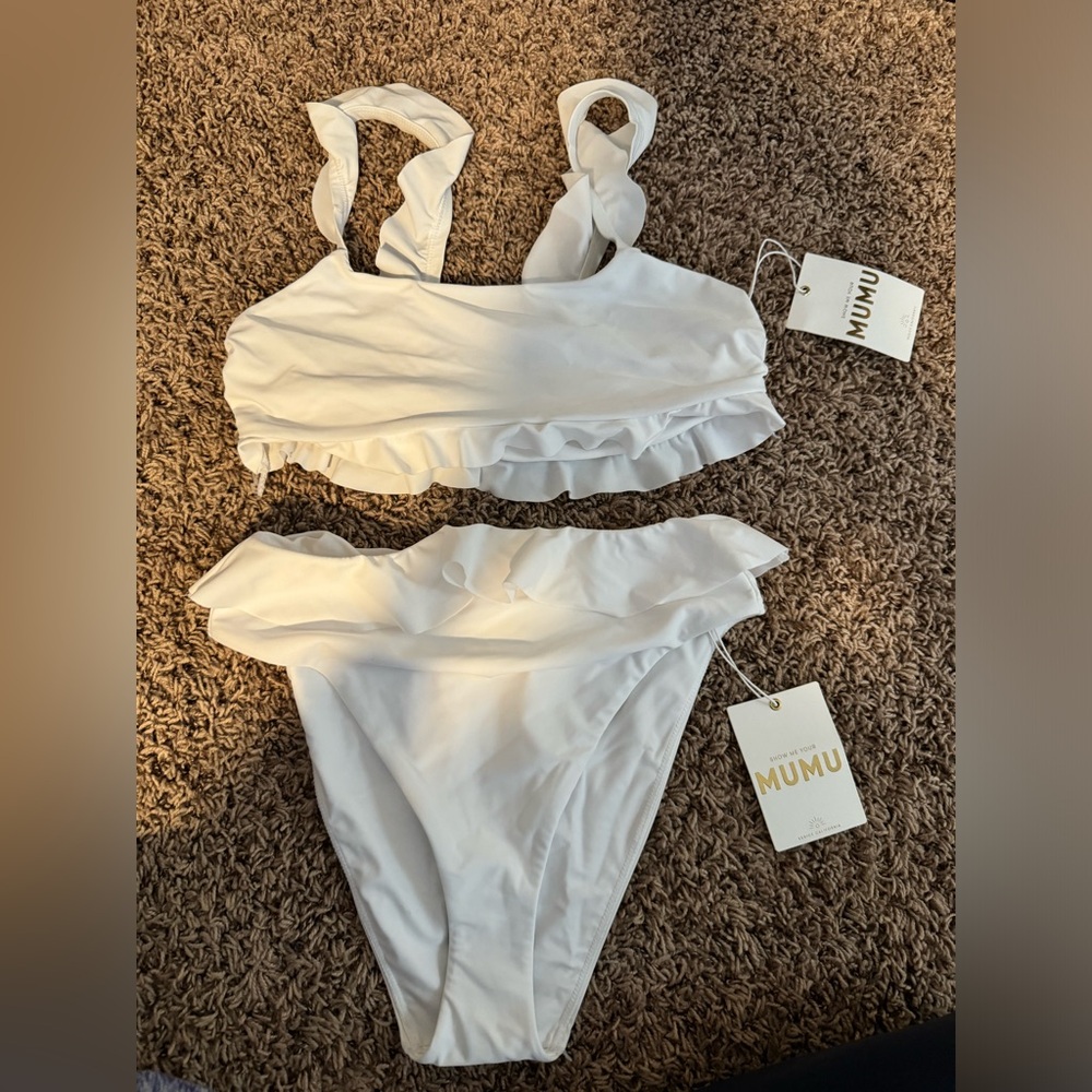Show Me your MuMu white ruffle bikini top NWT